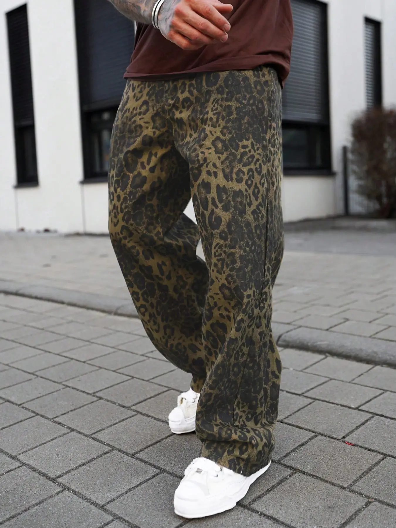 New American Vintage Leopard Print Jeans, Straight Leg Loose Fit Oversized, Hip Hop Style, Men's Wide Leg Casual Pants, All Seasons