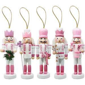 Wooden Mini Nutcracker Figures Hanging Ornaments for Xmas Tree Christmas Festival Party Decor Pink 5PCS