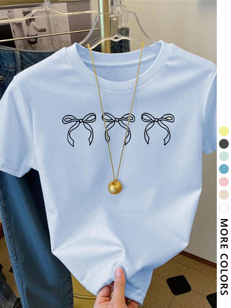 Women's Bow Print Round Neck Tee, Casual Cute Short Sleeve T-shirt for Summer, Ladies Clothes for Daily Wear, Top, Tshirt