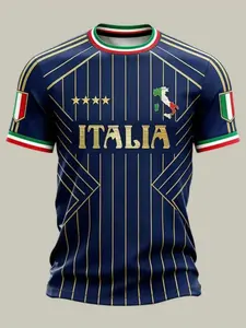 Men's Navy Gold Vertical Line Italia Football Raglan T-Shirt, Quick-Dry Sporty Top, Slim-Fitting, All over Print, Short Sleeves