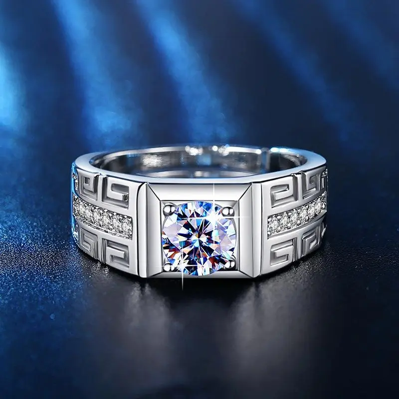 Men's Iced Out Moissanite Ring, Vintage Geometric Signet with Adjustable Band for a Custom Fit, Casual Streetwear Statement Jewelry
