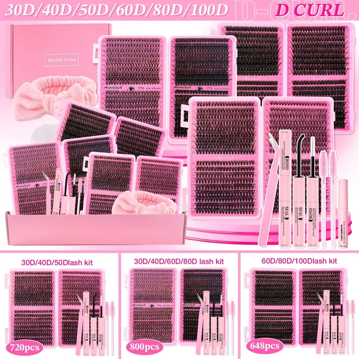 2168pcs DIY Lash Extension Kit, Mixed Length D Curl Wispy Fluffy Cluster Lashes, Makeup Lash Clusters (30D-100D, 3 Sub-Kits), with Bond & Seal, Remover, Tweezers & Spoolies - Soft Tips Waterproof Long-Lasting Lashes, Ideal Gift for Her
