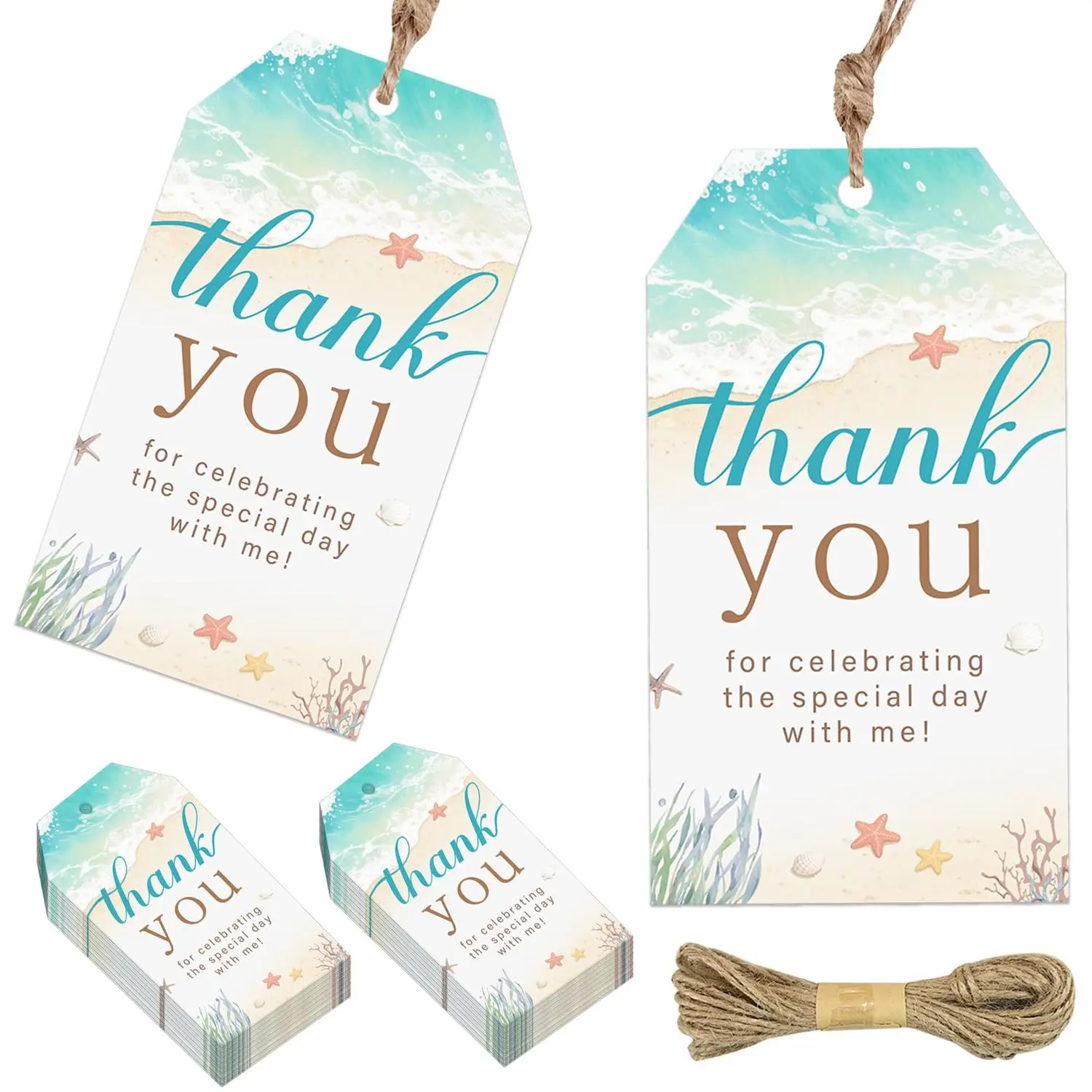 50Pcs Paper Beach Theme Gift Tags with Twine, Nautical Ocean Coastal Seashell Print, Writable Back Labels for Bohemian Birthdays, Summer Event Supplies, Beach Theme Design