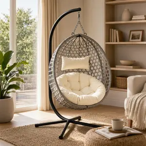ARCH Folding PE Rattan Hanging Egg Chair with Stand, Beige+Grey, Heavy-Duty Aluminum-Steel Frame, 350 lbs Capacity, Adjustable HDPE Wicker, Cushion & Pillow Included, 39.00 w x 43.00 d x 25.00 h in, for Patio, Garden, Porches, Living Room, Balcony