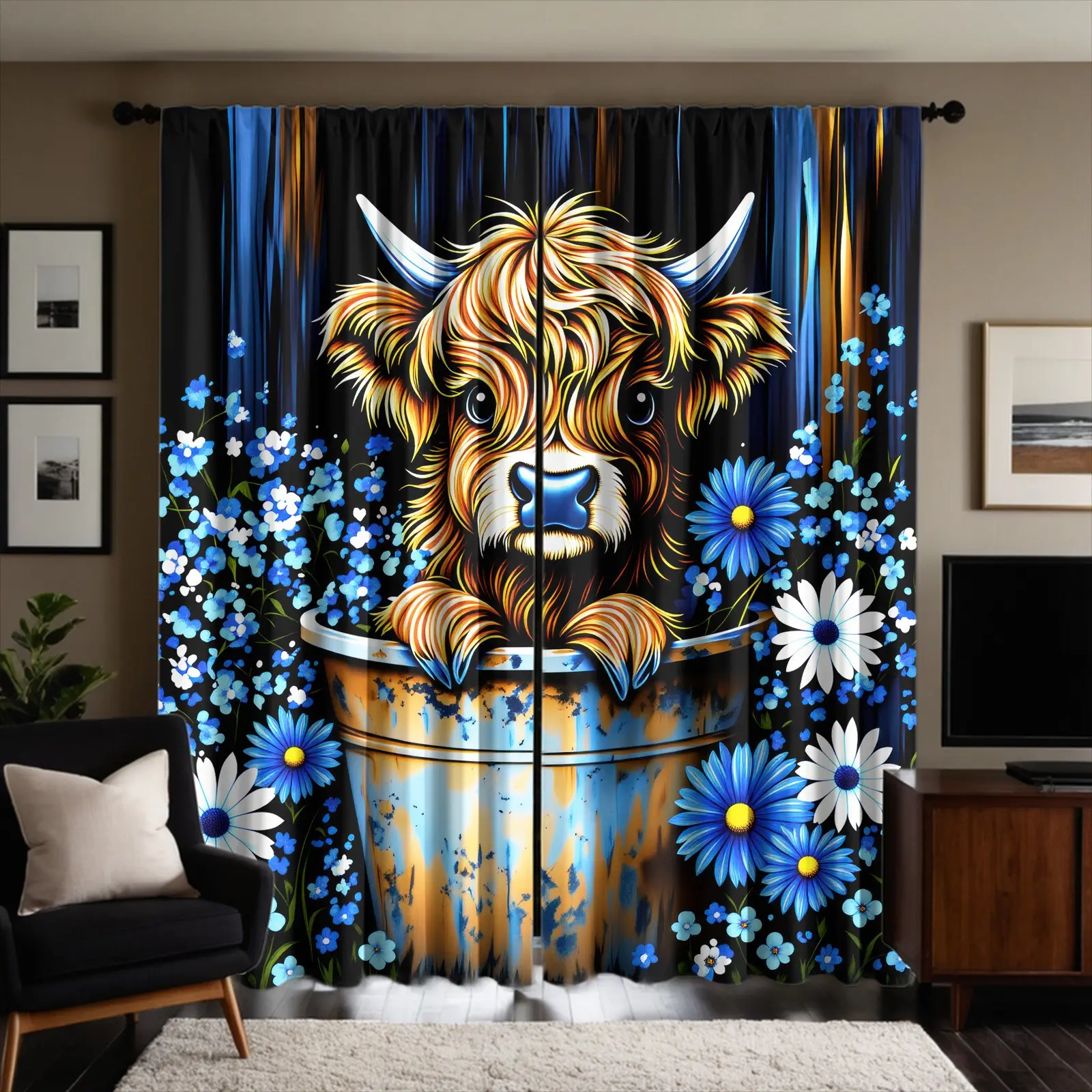 2pcs Adorable Highland Cow And Bright Floral Print Decor Curtains, Semi-Sheer (For Privacy), Fade-Resistant, Hand And Machine Washable, Rod Hanging, Suitable For Rustic Farmhouse Style Bedrooms And Living Rooms.