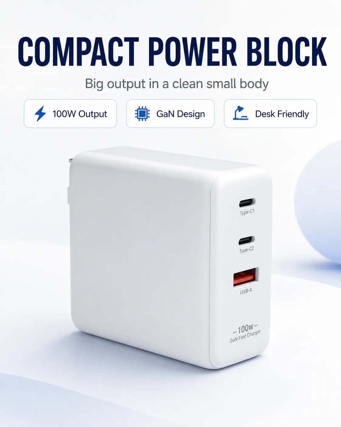 100W USB C Charger Block, 2 USB-C + 1 USB-A GaN Fast Wall Charger for iPhone 16/15, iPad, Samsung, MacBook, Laptop