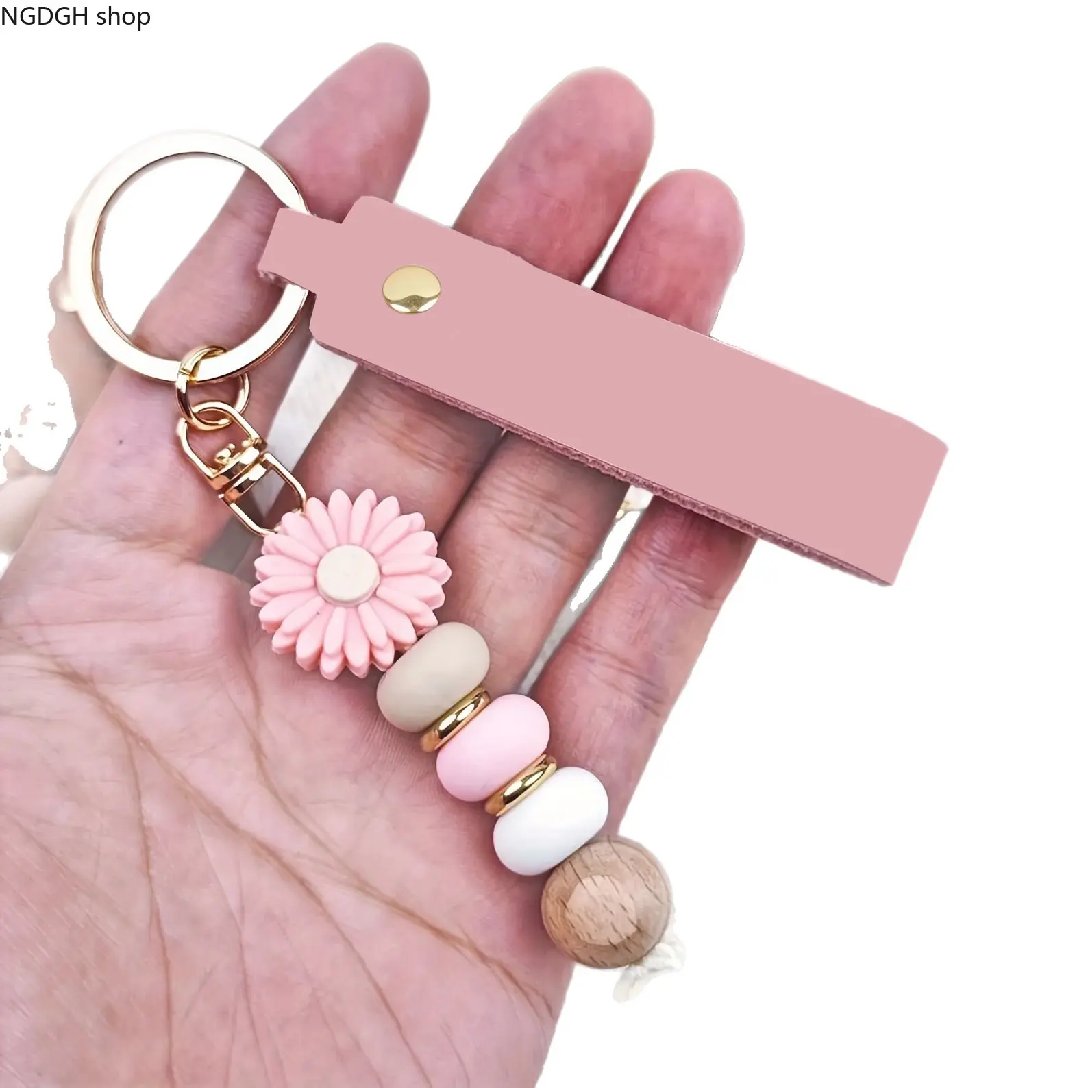 Boho Daisy Silicone Bead Keychain,Hot Custom Blank Leather Strap Keyring,Natural Wooden Bead Floral Pendant,Gold Lobster Clasp Smooth Beaded Accessory,For Car Key Backpack Decor,Bridal Party & DIY Name Engraving Gift