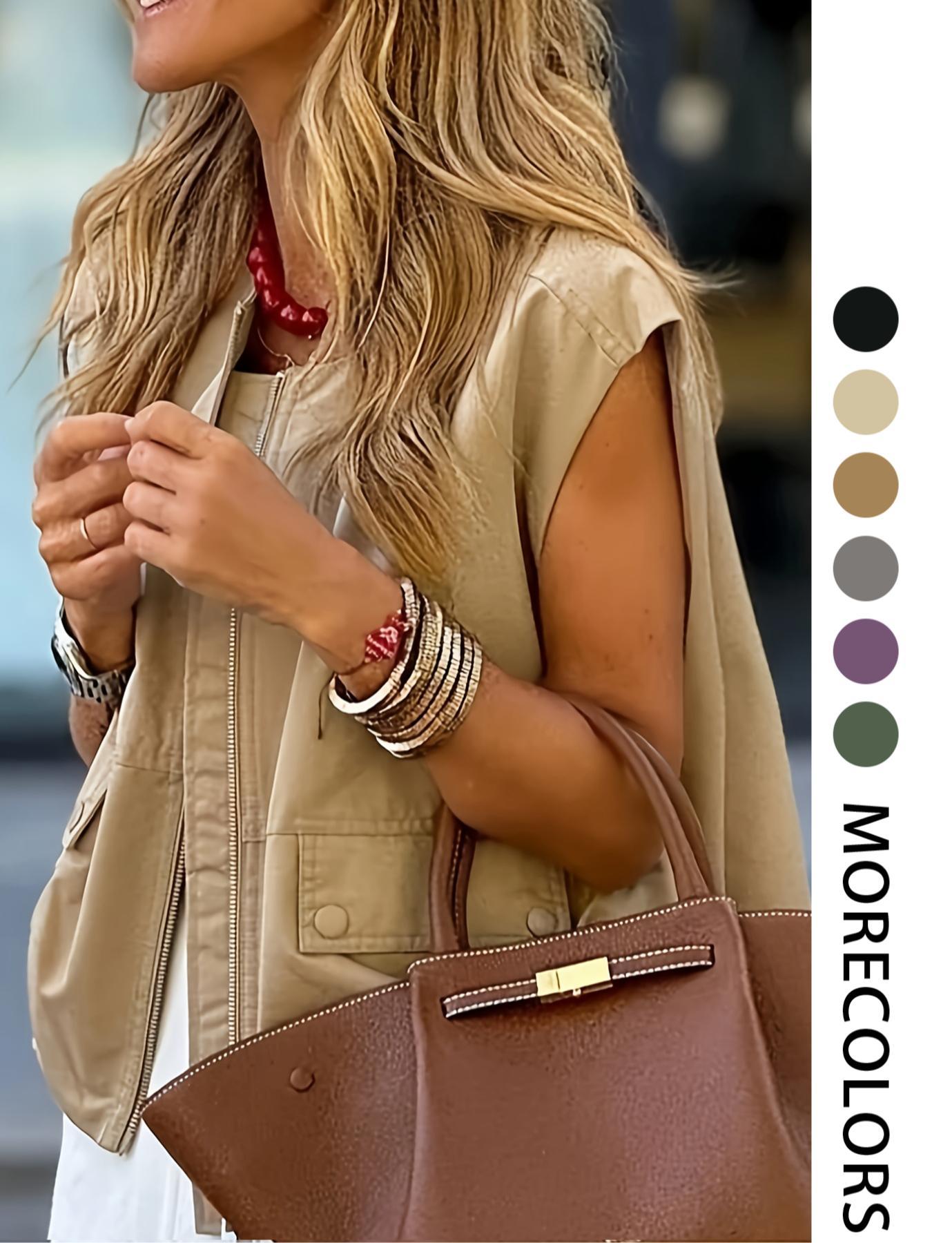 Women's Solid Color Fitted Zip-Front Vest, Casual Sleeveless Outerwear for Daily Wear, Ladies' Clothes for All Seasons