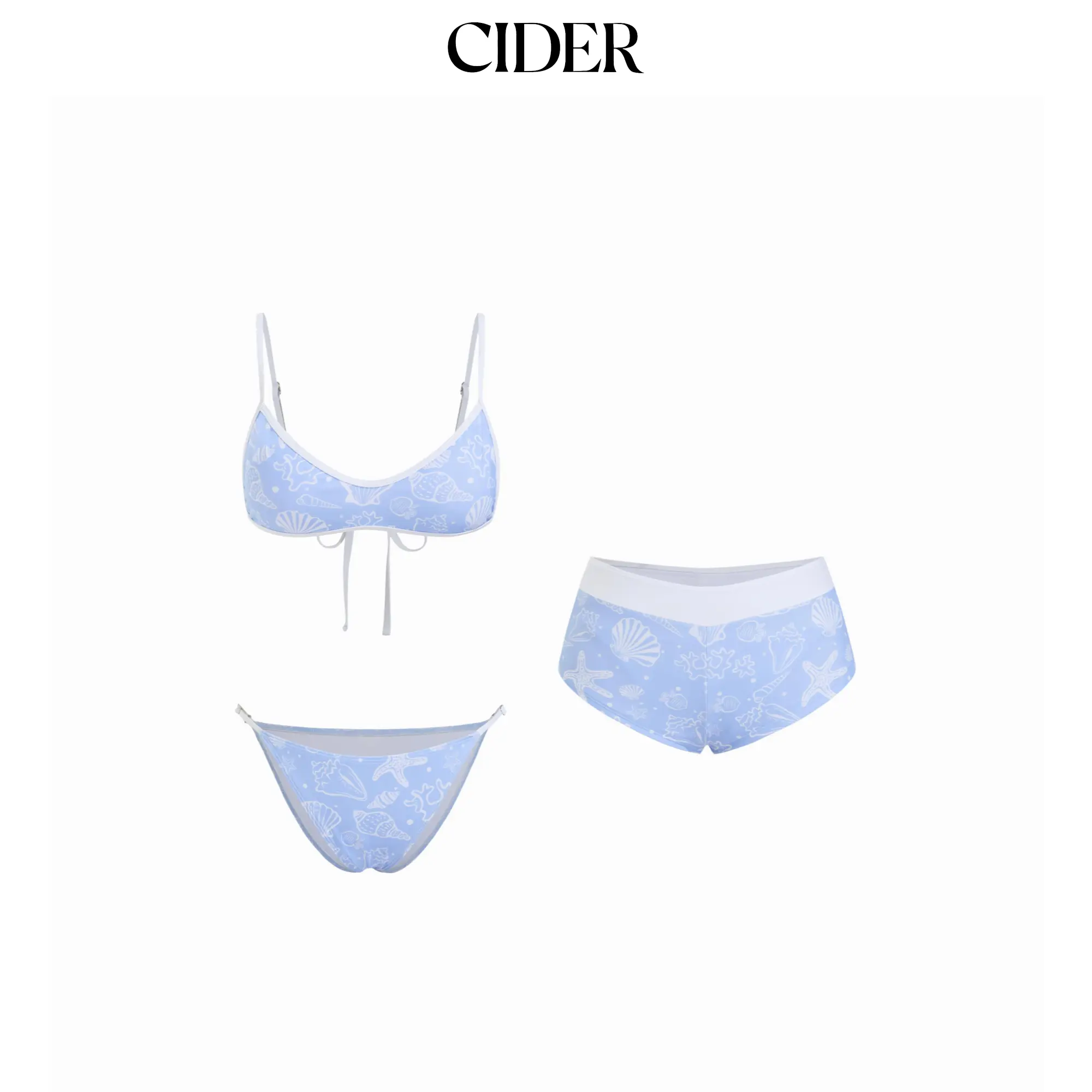 Cider Scoop Neckline Shell & Starfish Graphic Contrast Binding Bracelet Bikini Set With Cover Up Shorts