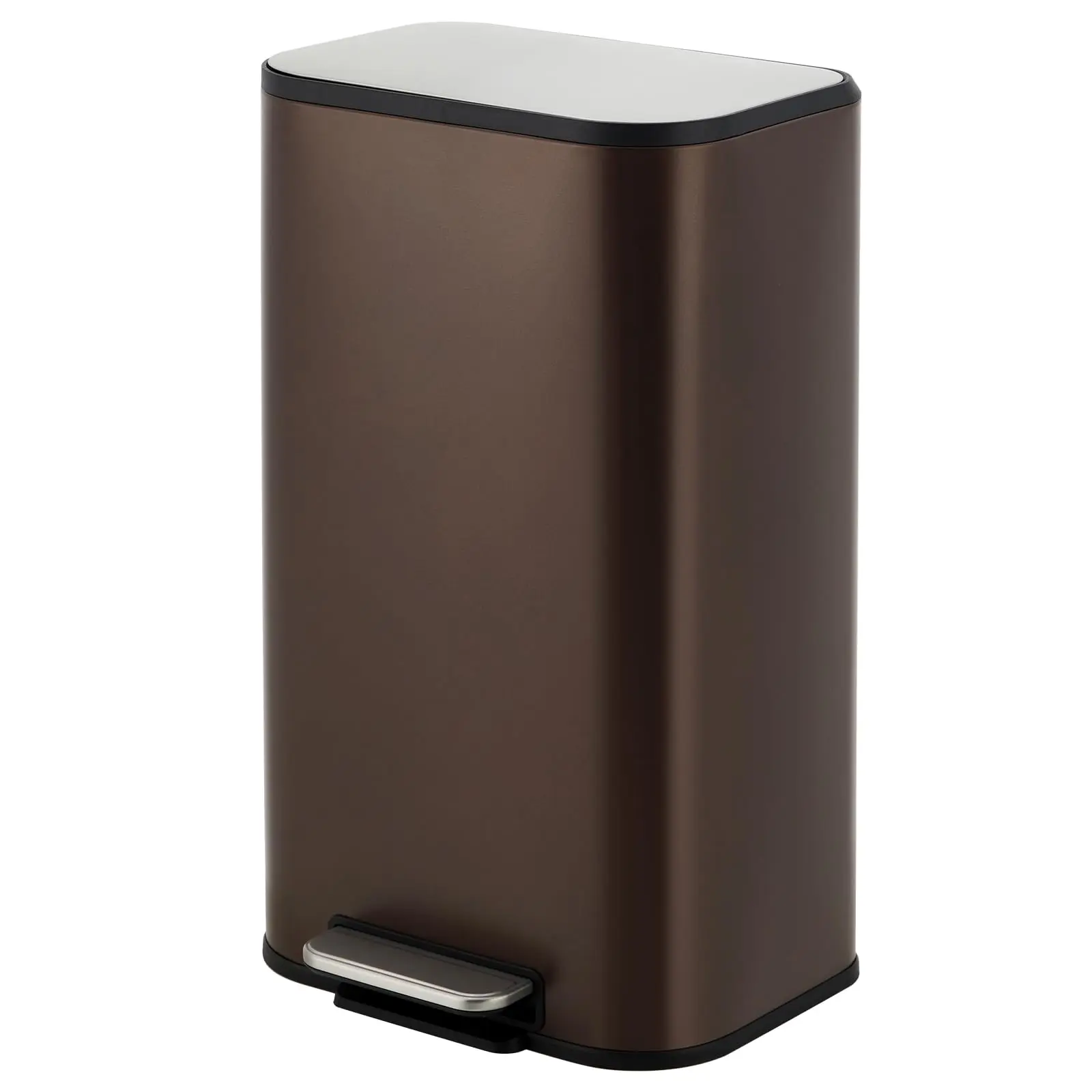 Garvee Stainless Steel Step-On Trash Bin with Smooth Soft-Close Step-On Lid, Rectangular Design, Plastic Inner Bucket, Wall-Applicable, 3.2/5.3/8 Gal Various Capacities, Brown for Kitchen Home