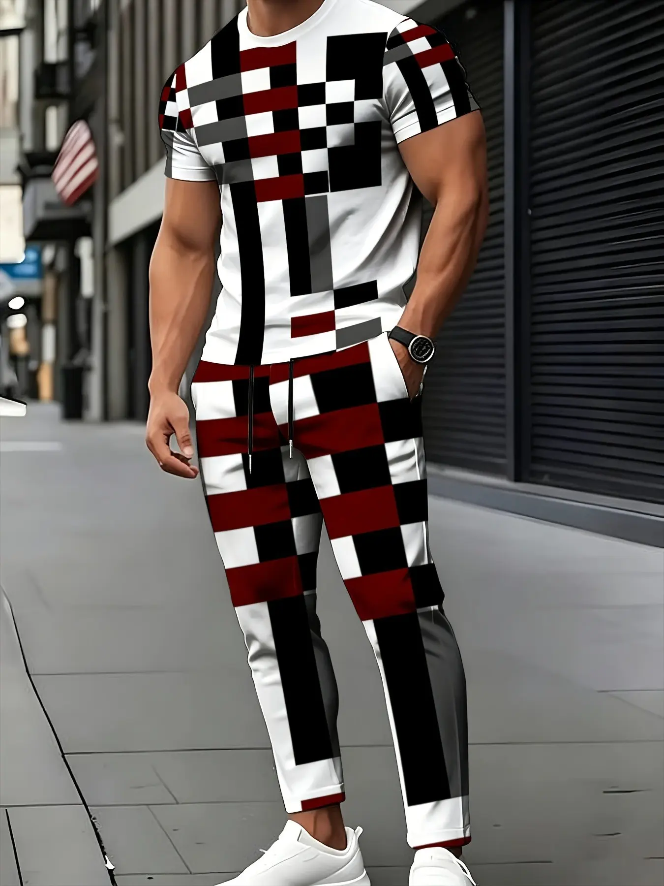 Men's short sleeved and long pants two-piece set, with distressed plaid print, loose fitting outfit