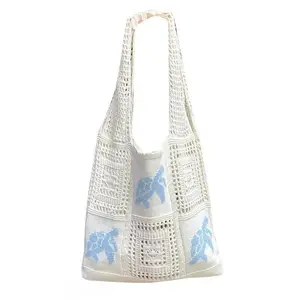 Bohemian Crochet Beach Tote Bag for Women, Sea Turtle Pattern Polyester Open-Top Handbag, Large Capacity Lightweight Summer Shoulder Bag for Vacation Casual Daily Use
