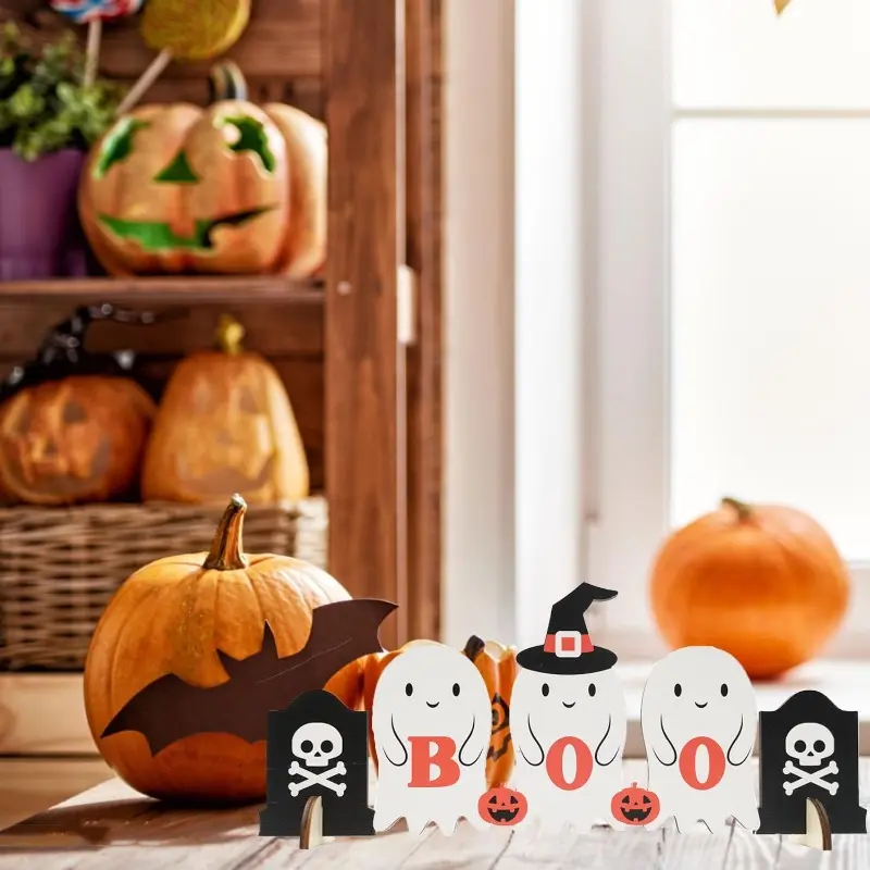Single Piece Cute Ghost Skull Boo Pumpkin Wooden Tabletop Sign, Halloween Indoor Ornament, Rustic Table Decor for Home Party Mantel Display