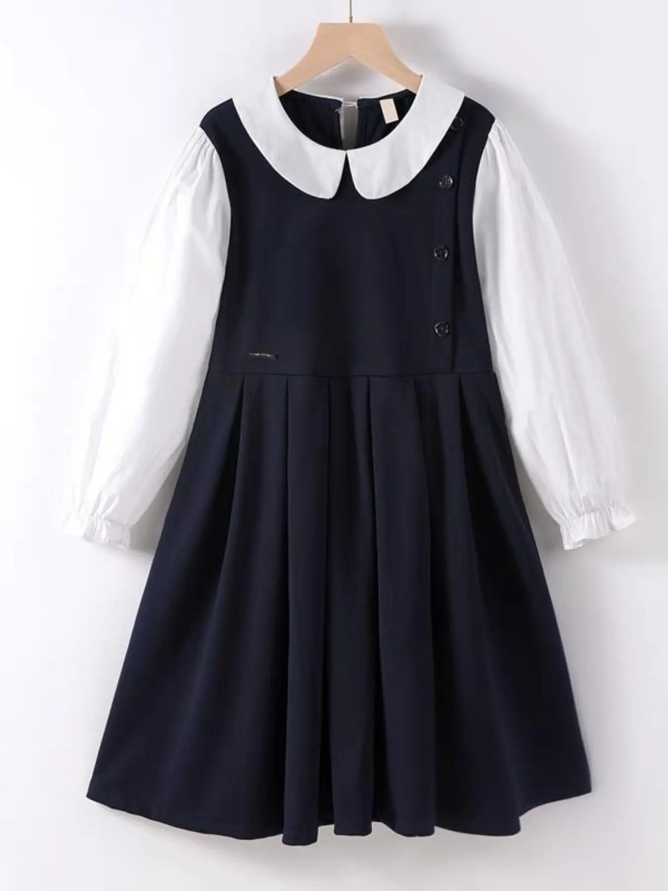 Girls' British Style Patchwork Shirt Dress Frock, Petal Neck, Long Sleeve, Side Button, Navy Pleated Skirt, School Uniform, Ages 8-12