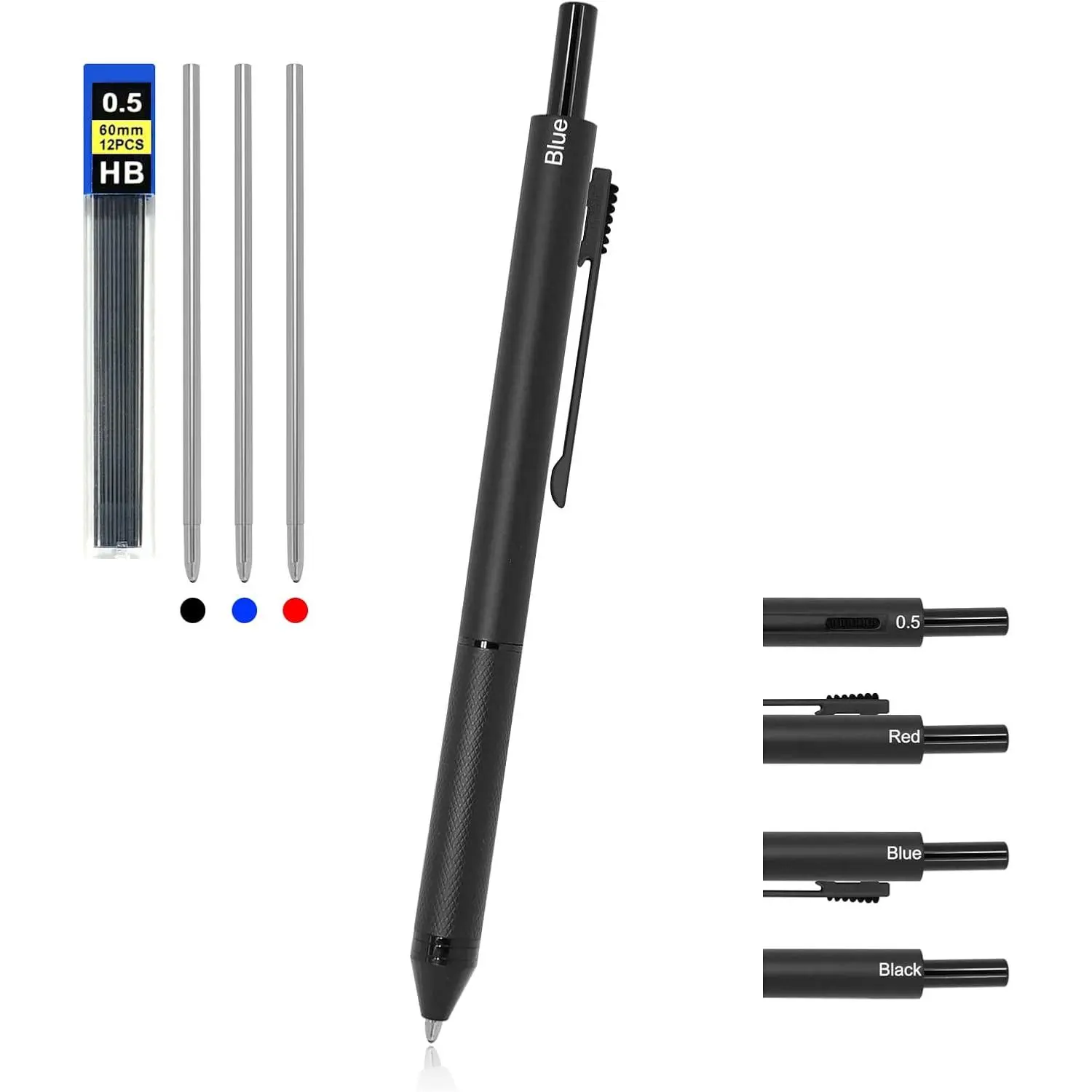 Multicolor pen 4 in 1 Multifunction Pen with Metal Cased 0.5mm Mechanical Pencil Red Ballpoint Pen Blue BallpointPen and Black Ballpoint Pen  for Journaling (Black)