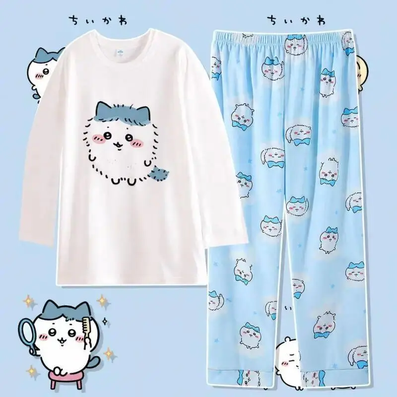 2Pcs Anime Chiikawa Pajama Set Hachiware Round Neck Tops and Pants Set Usagi Homewear Cute Cartoon Household Clothes Set Gift