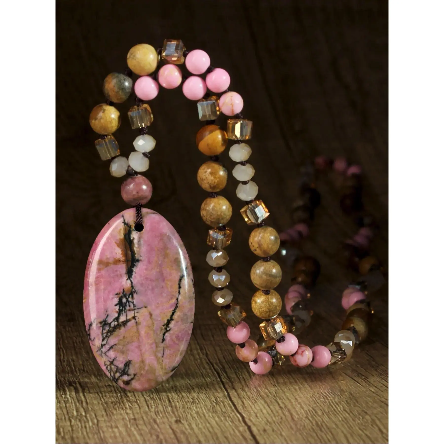 Vintage Geometric Natural Rhodochrosite Pendant Necklace - Handmade Knot Beaded Jewelry, Unique Red Stone Crystal Accessory & Gift for Women