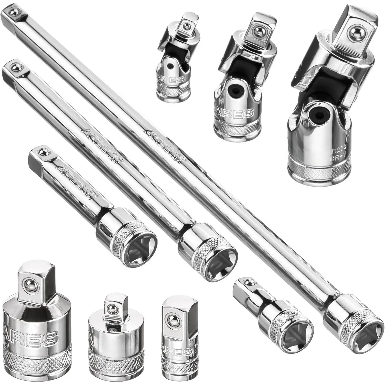 71270-10- Socket Accessory Set -  Chrome Vanadium Steel with Mirror Finish - Includes Socket Adapters, Extensions and  Joints