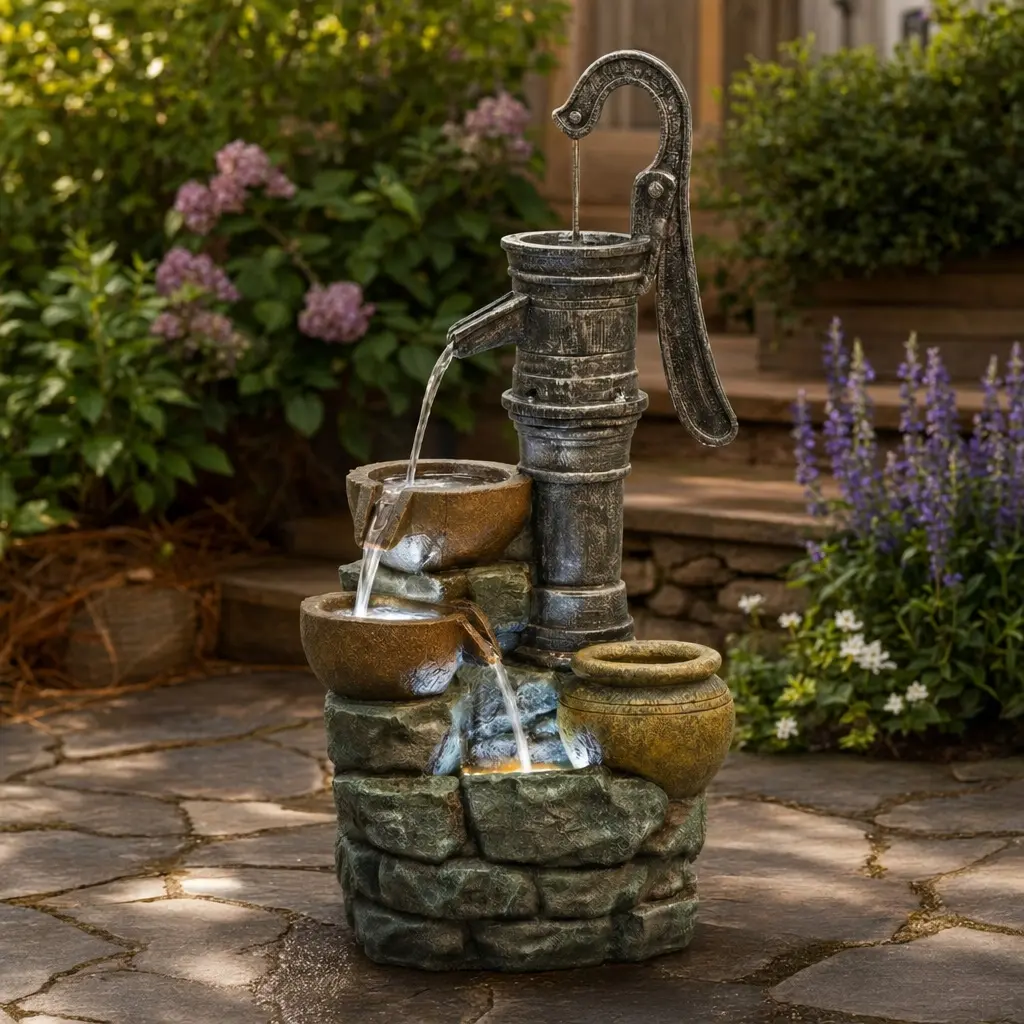 32" H Large Outdoor Fountain with Vintage Pump, Weather-Resistant Resin Garden Decor for Patios, Backyard Waterfall with Tumbled Stones, Easy Assembly, 22 lbs