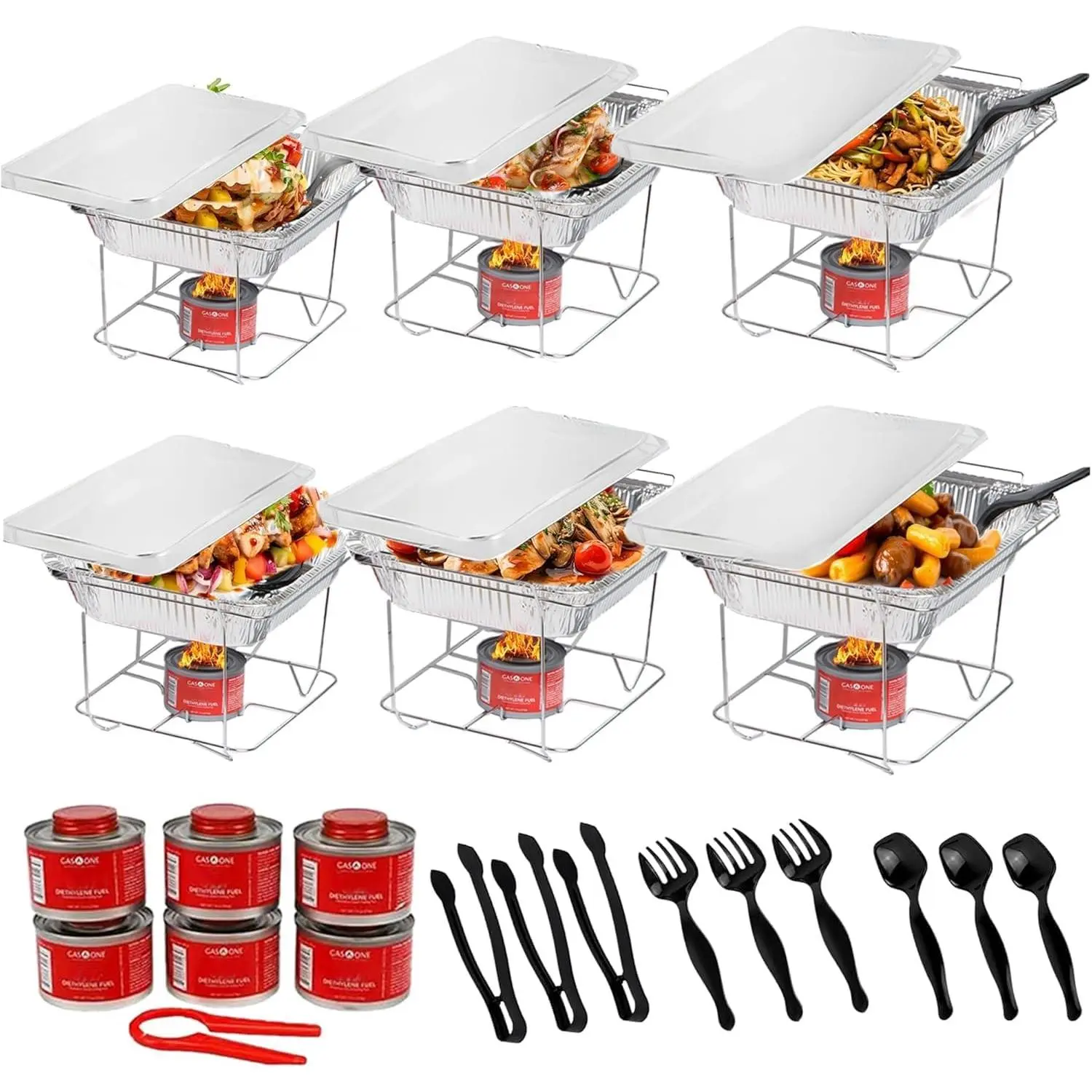 6-piece set - Disposable insulated buffet set, half-size plates, welded insulated tray, suitable for parties, complete set of fuel canisters, insulated tray