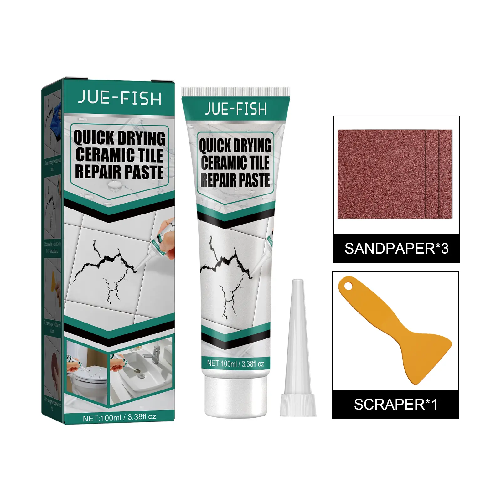 Jue-Fish Tile Repair Paste - 1 Set Quick-Drying Adhesive with Sandpaper, Scraper for Ceramic Tile, Marble, Bathtub Home Care Repairs (Formaldehyde-Free Home Supply), Bathtubs