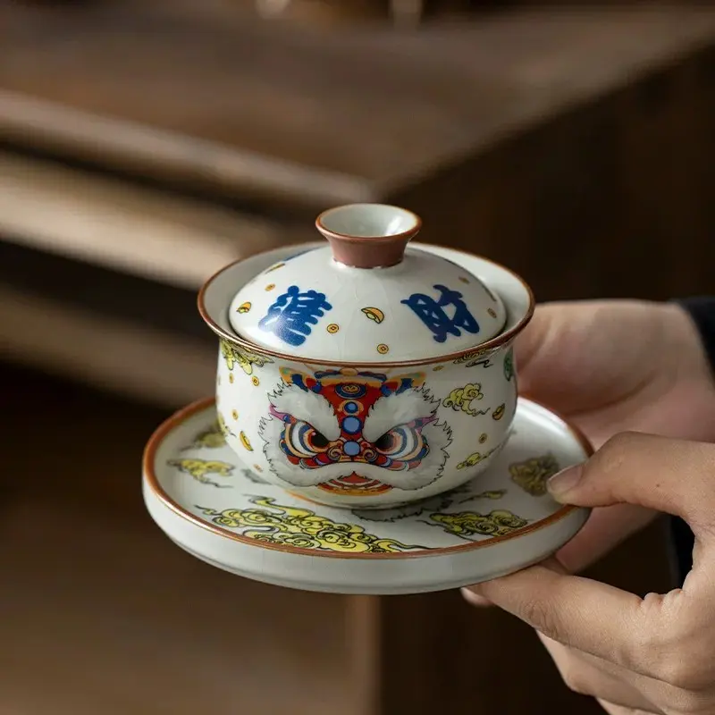 Modern Ruyao "Awakening Lion" tea bags, Three Treasures lid, hanging rotating teacup, high-end Gongfu ceramic tea set