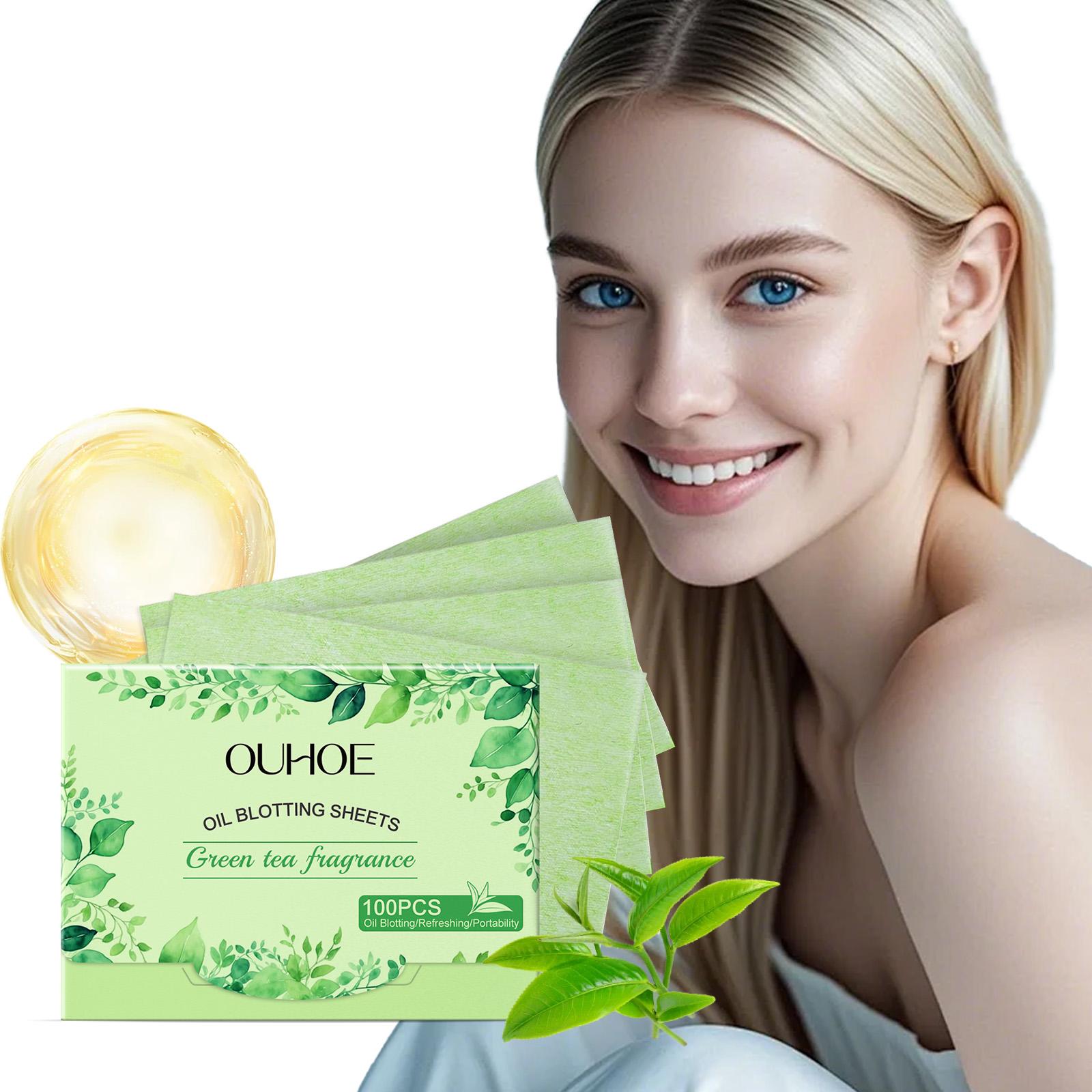 OUHOE Oil Blotting Sheets, Double Oil Control with Cellulose & Kaolin, Green Tea + Vitamin E Antioxidant Care, Makeup-Friendly No Powder Removal, Soft Non-Irritating for Oily Skin, Daily Summer Essential