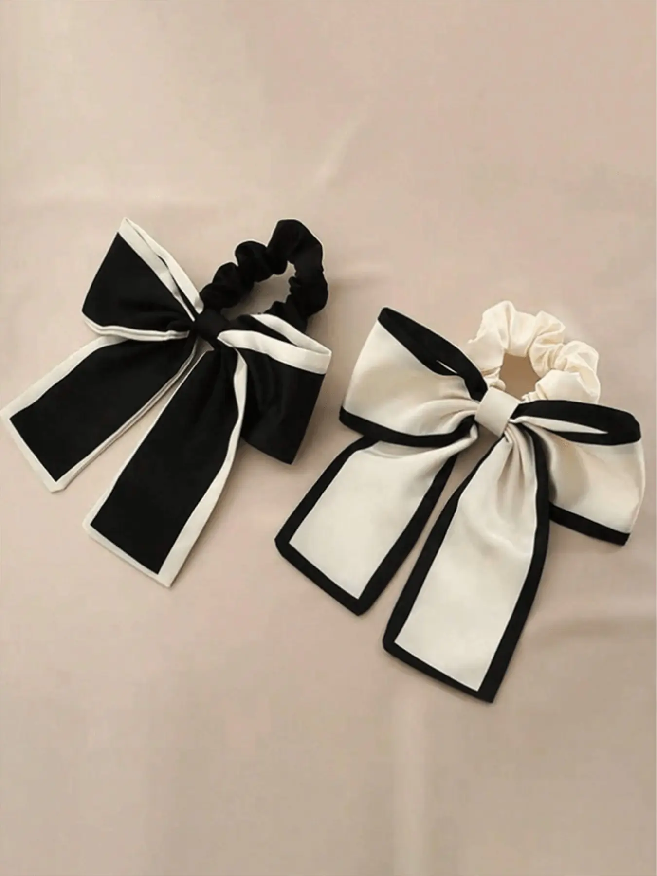 2pcs Women's Black & Beige Korean Style Satin Bow Hair Scrunchies Bun, Ponytail Holder, Hair Accessory For Daily Use Hair Ties, Casual Makeup Home Gym Head Accessories Elastic Band, Hair Accessories Set