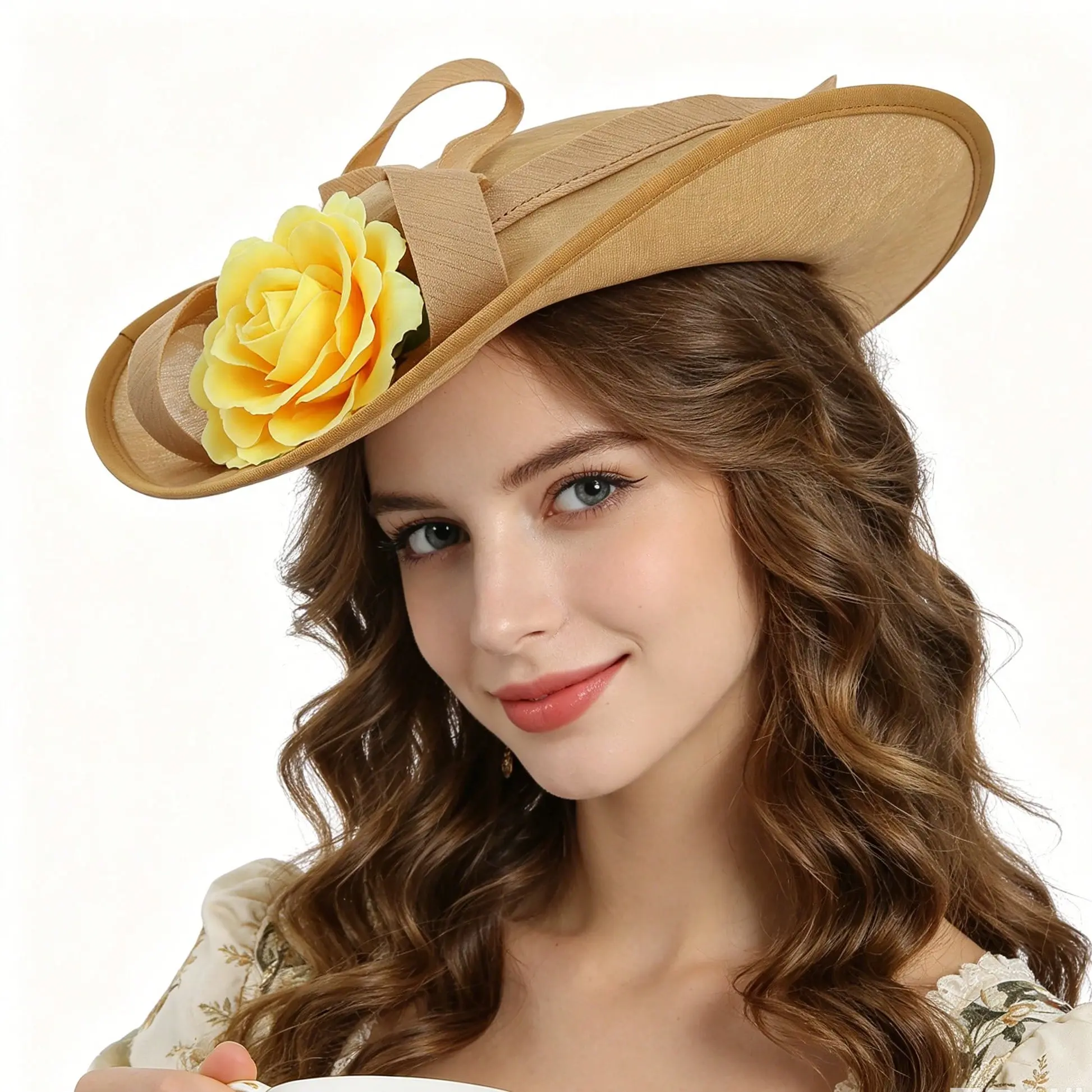 Women's Vintage Visor Fascinator Hat - OneSize, Large Yellow Rose Decor, Elegant Mesh Ribbon Bow, Wedding Party Cocktail Tea Party Headpiece