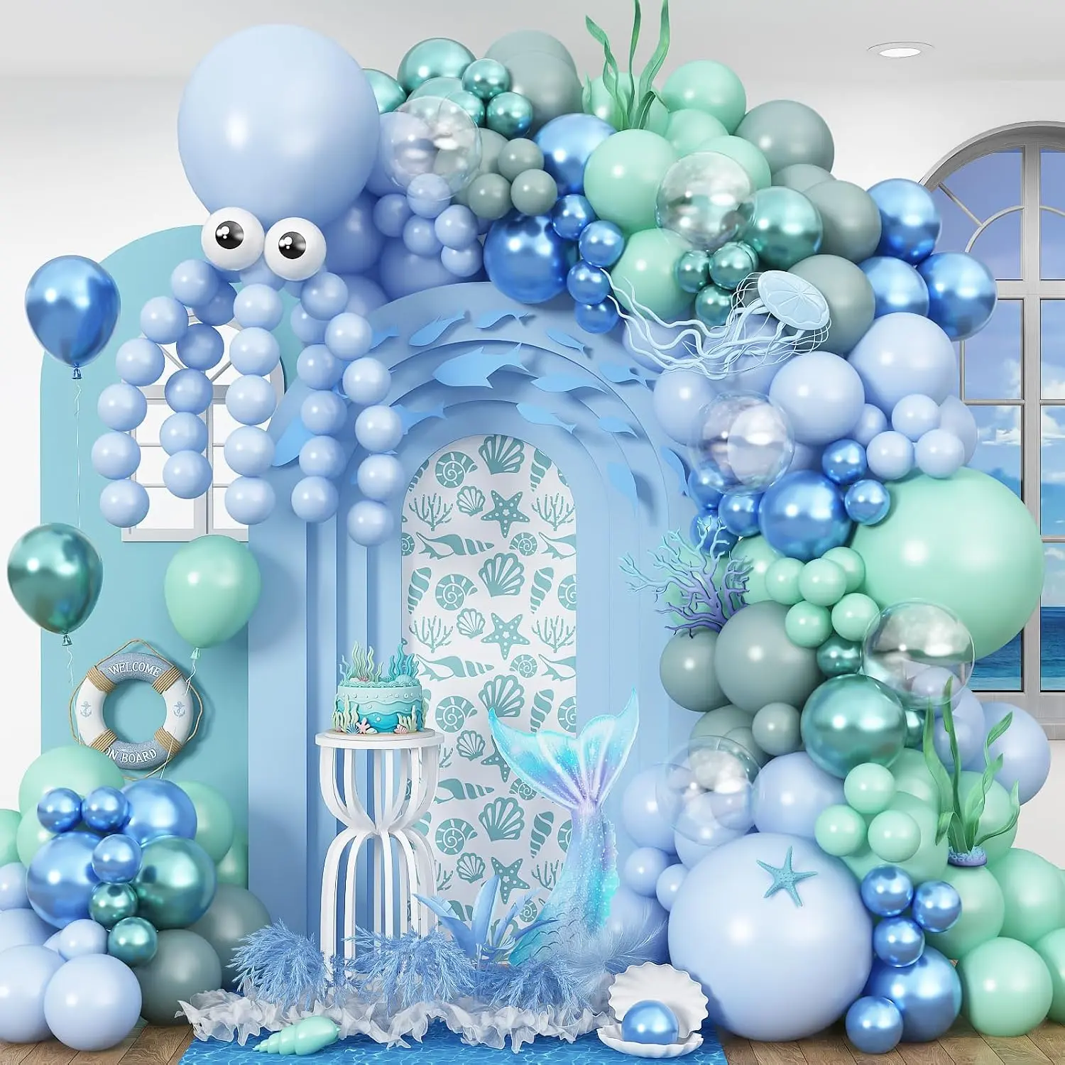 Octopus Balloons Arch Kit, 177 count Under the Sea Party Decorations Balloons Arch for Sea   Theme Birthday  Shower Beach Pool Party Supplies with DIY Octopus Clear Metallic Balloons