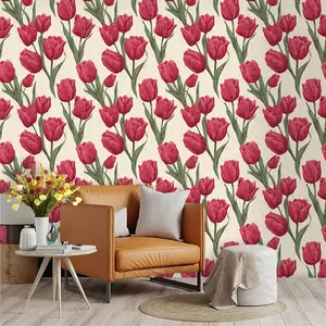 Vintage Tulip Wallpaper Roll, Wine Flowers, Mauve Stem Leaves, PVC Material, Peel-And-Stick, Living Room Decor, Mold-Resistant