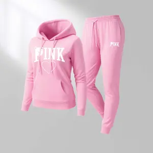 Women's Bear Pink Cartoon Print Hoodie And Drawstring Track Pants Set, Casual Sportswear, Long-Sleeved Hooded Jacket And Pants, Suitable For Autumn And Winter, Everyday Wear, Indoor And Outdoor Sportswear, Casual Sportswear.