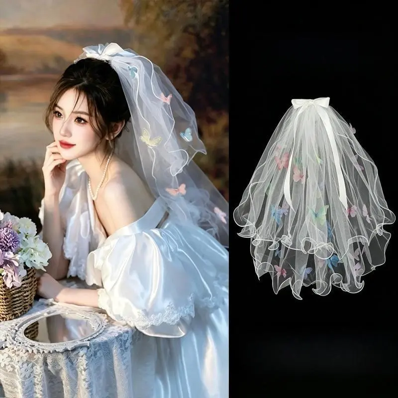 Multicolor Butterfly Wedding Veil, Layered Puffy Tulle Bridal Headpiece, Super Fairy Short Veil for Registry, Wedding, Photography & Bridal Photoshoot