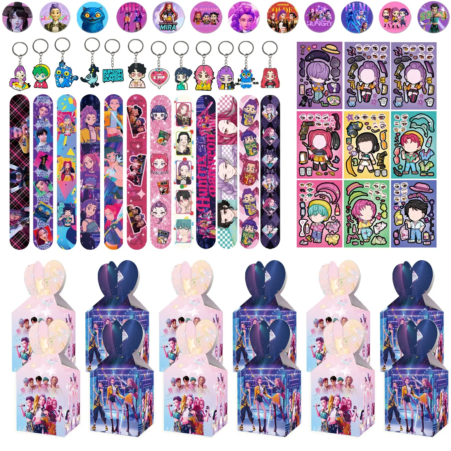5 sets of Korean cartoon girl group birthday party luxury favor sets, including 12 bracelets, 12 keychains, 12 snack candy boxes, 12 cartoon badges, 9 sets of cartoon stickers, opening the boxes brings a good party mood