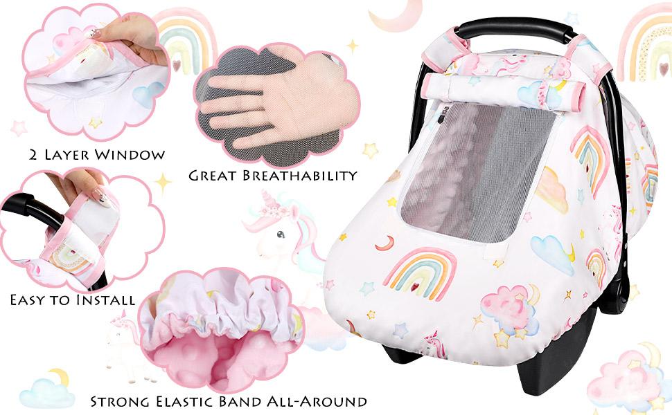 Baby Carseat Cover Girls, Pea Pod Unicorn Infant Car Seat Covers Canopy for Newborn with 2 Layers Windows of Breathable Mesh/Fabric, Lightweight Polyester/Minky Dot Backing, Snug Fit