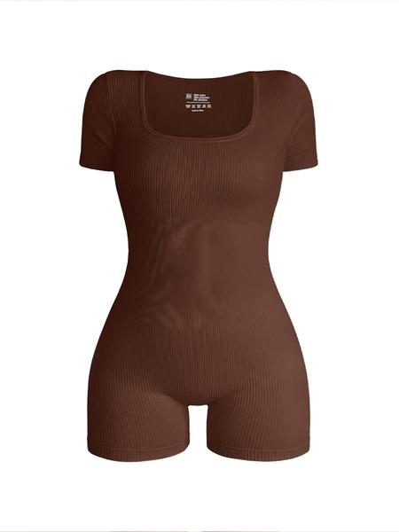 Women's Solid Short Sleeve Sports Bodysuit, Casual Sporty Square Neck Bodycon Bodysuit for Yoga Gym Workout, Summer Outfits 2024, Ladies Sportswear for All Seasons