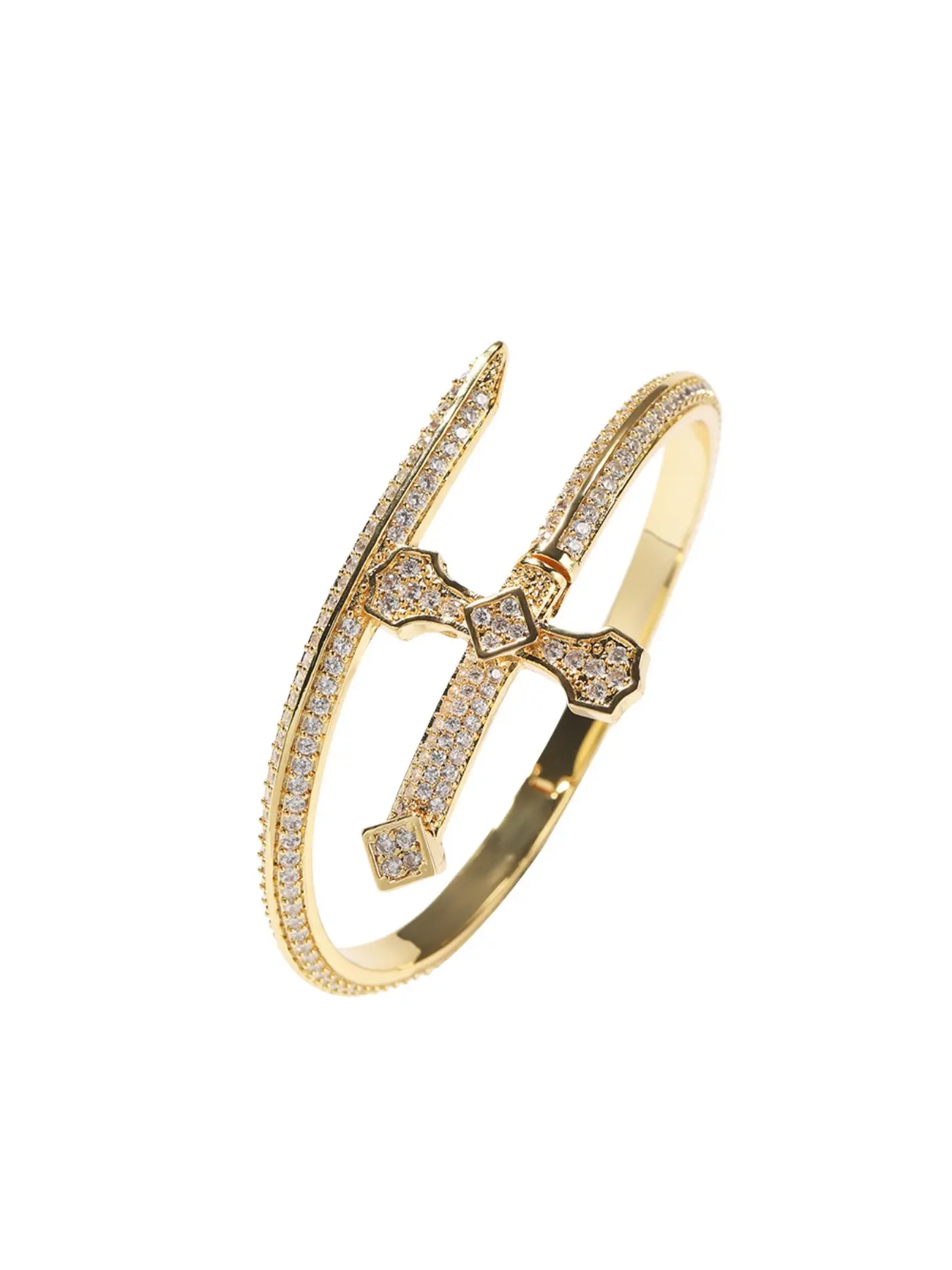 Iced Out Sword Cross Open Cuff Bangle Bracelet, Copper Full Paved CZ Zircon, Gold Silver Rose Gold Tone, 7/8 Inch Adjustable Hip Hop Streetwear Jewelry for Men Women