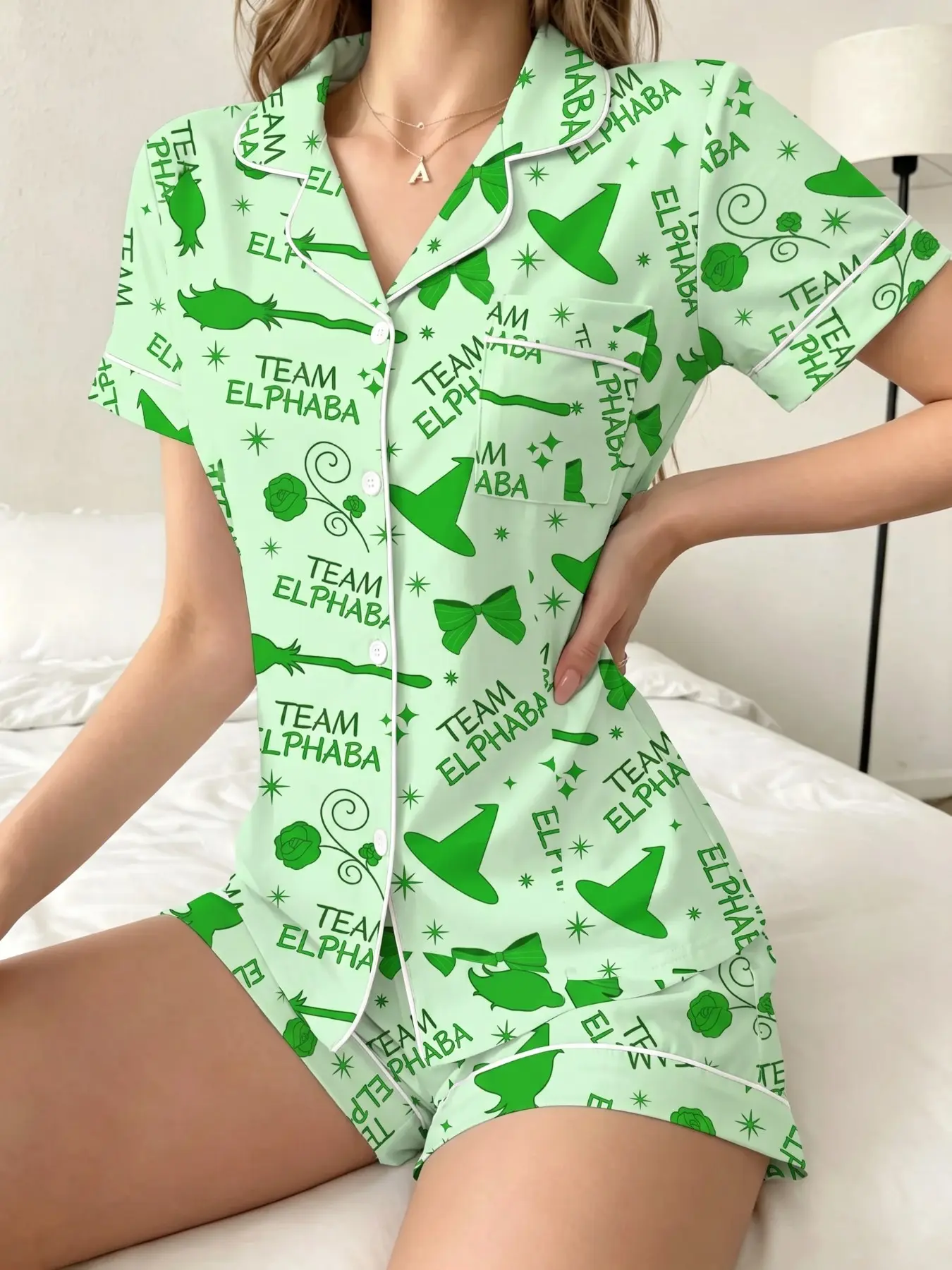 Women's Sleepwear 2-Piece Set, Lounge Pajama Style, Wicked Elphaba & Glinda Pattern, Comfortable Nightwear, Soft Fabric, Casual Daily Wear