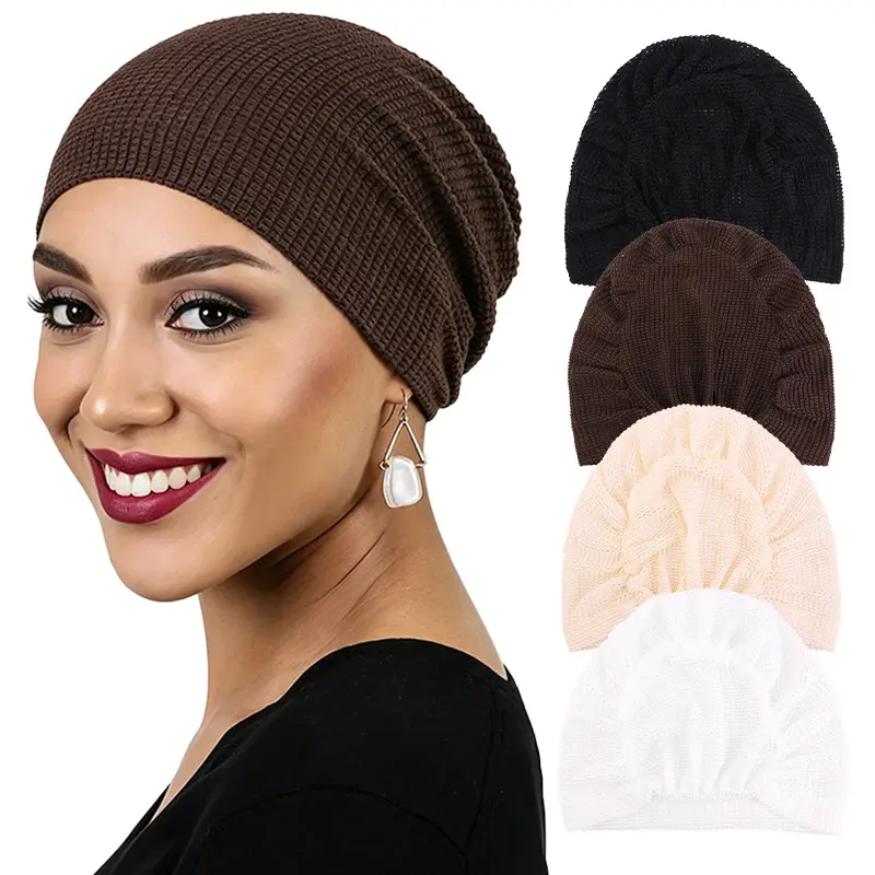 Women's Dark Brown Viral Waffle Knit Turban Beanie Cap - Soft, Stretch, Slouchy, Textured Headwrap with Full Coverage, One Size for Daily Wear, Sports Headband Accessory