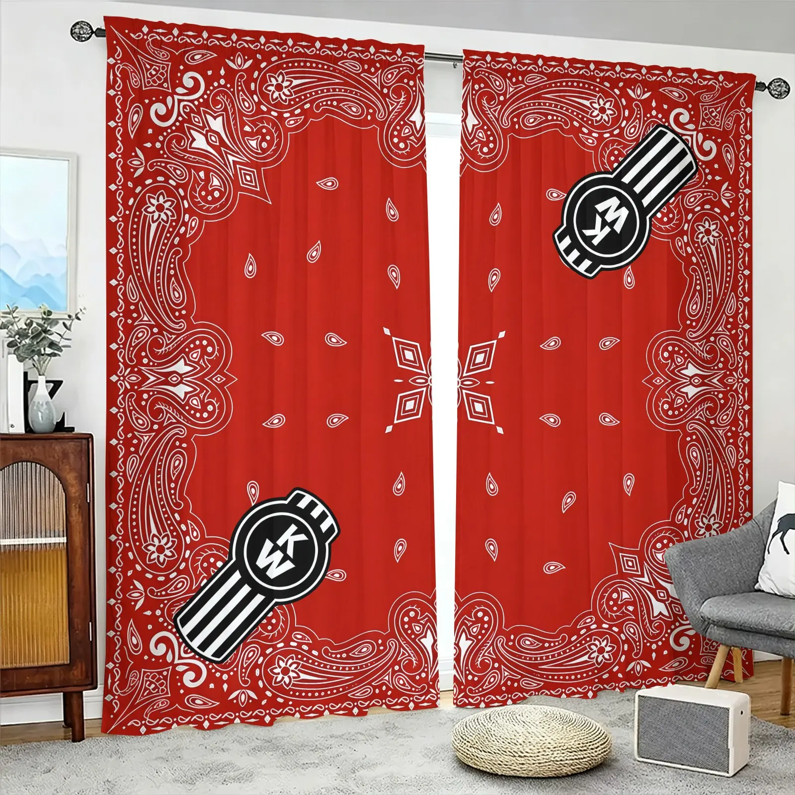 Paisley Elegant Curtains Red Paisley Bandana Curtain Window Curtain with KW Logo Rod Pocket for Bedroom Living Room Farmhouse Home Decor 2 Panels Set 42" W X 63" L