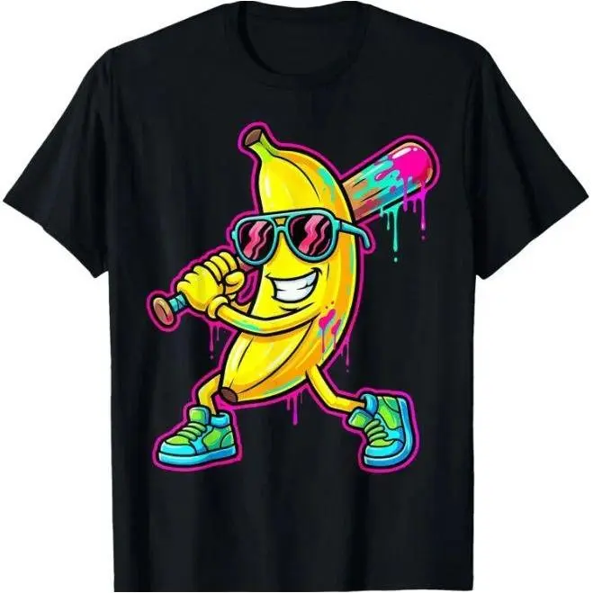 Funny Banana Playing Baseball Graphic Tee,Neon Drip Aesthetic T-Shirt,Cool Retro Streetwear,Unisex Casual Summer Top