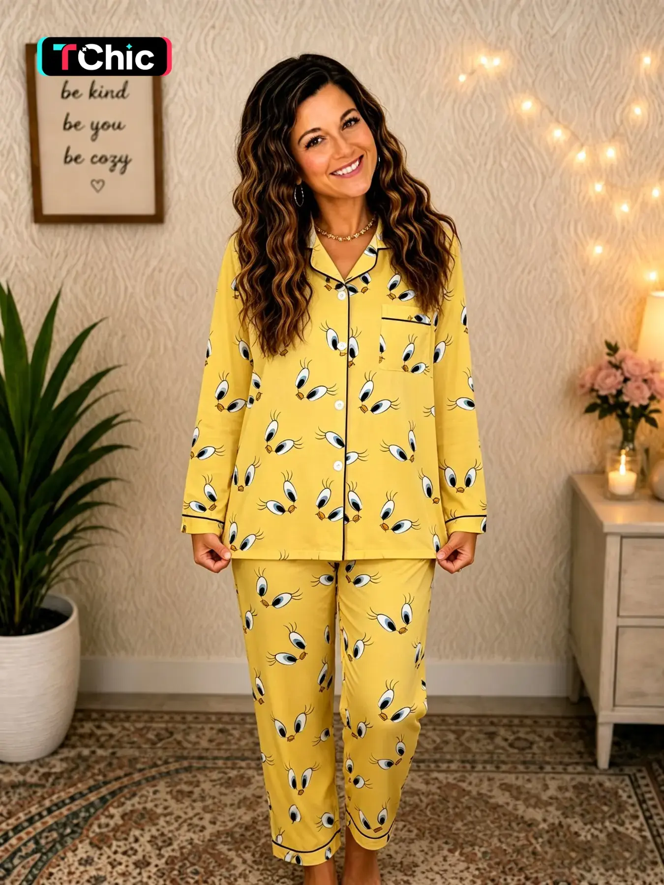Adorable Y2K Retro Cartoon Bird Pajamas Set, Funny Big Eyes Button Sleepwear, Soft 2-Piece Long Sleeve Home, Comfortable Daily Wear