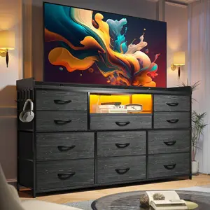 Dresser For Bedroom With 11 Drawers 60" TV Stand With LED Lights & Charging Station Long Dresser With Shelves & 4 Hooks,Sturdy Metal Frame & Fabric Drawers,Black,11.8"D X 47.2"W X 31.5"H