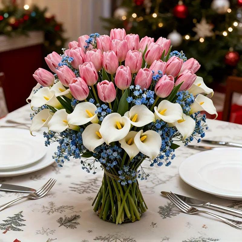 Rose, calla lily, tulip, popular artificial flowers, mixed with baby's breath, suitable for gifting