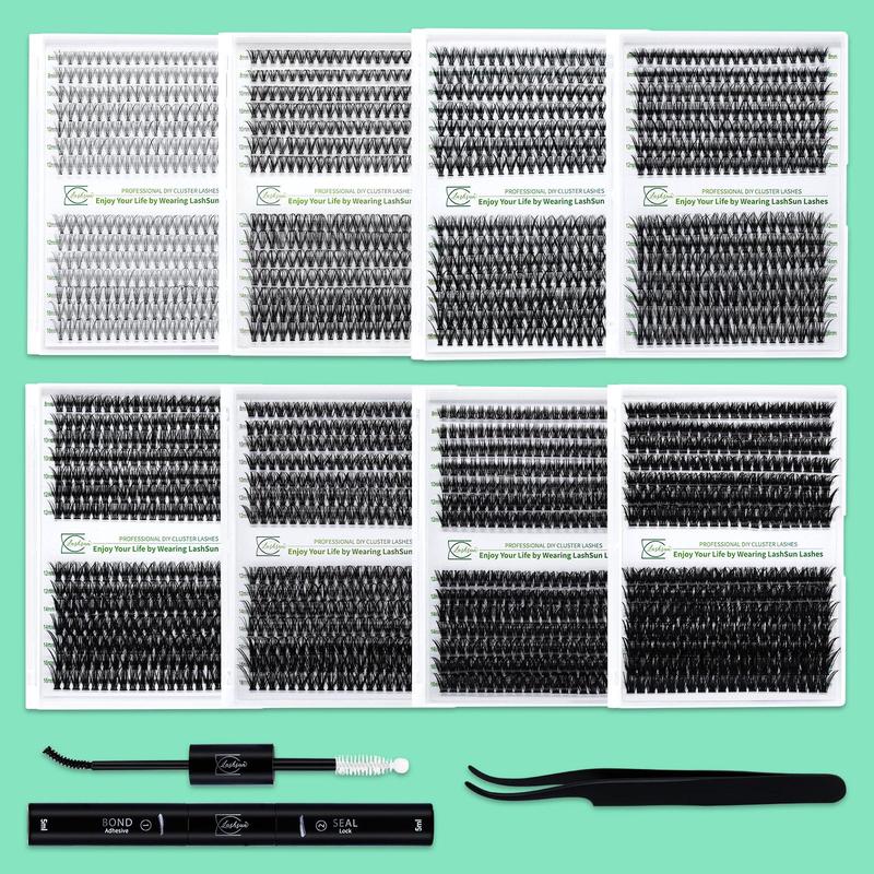 280pcs D Curl Lashes Kit, Mix 8-16mm Mega Volume Individual Lashes Soft And Comfortable False Eyelashes Eyelash Extensions Wispy Lashes Cluster Lash Kit Comes with Bond&Seal and Lash Applicator For DIY At Home, Beginner friendly, Wispy Eyelash Clusters
