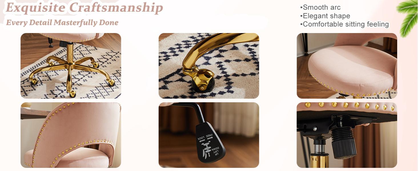 VINGLI Modern Velvet Small Office Chair,Cute Desk Chair with Wheels,Gold Base/Studs, Comfy Armless Swivel Vanity Task Chair for Women/Girl/Kids, Nail Tech Chair for Bedroom,Small Space,Pink VINGLI Modern Velvet Small Office Chair,Cute Desk Chair with Wheels,Gold Base/Studs, Comfy Armless Swivel Vanity Task Chair for Women/Girl/Kids, Nail Tech Chair for Bedroom,Small Space,Pink