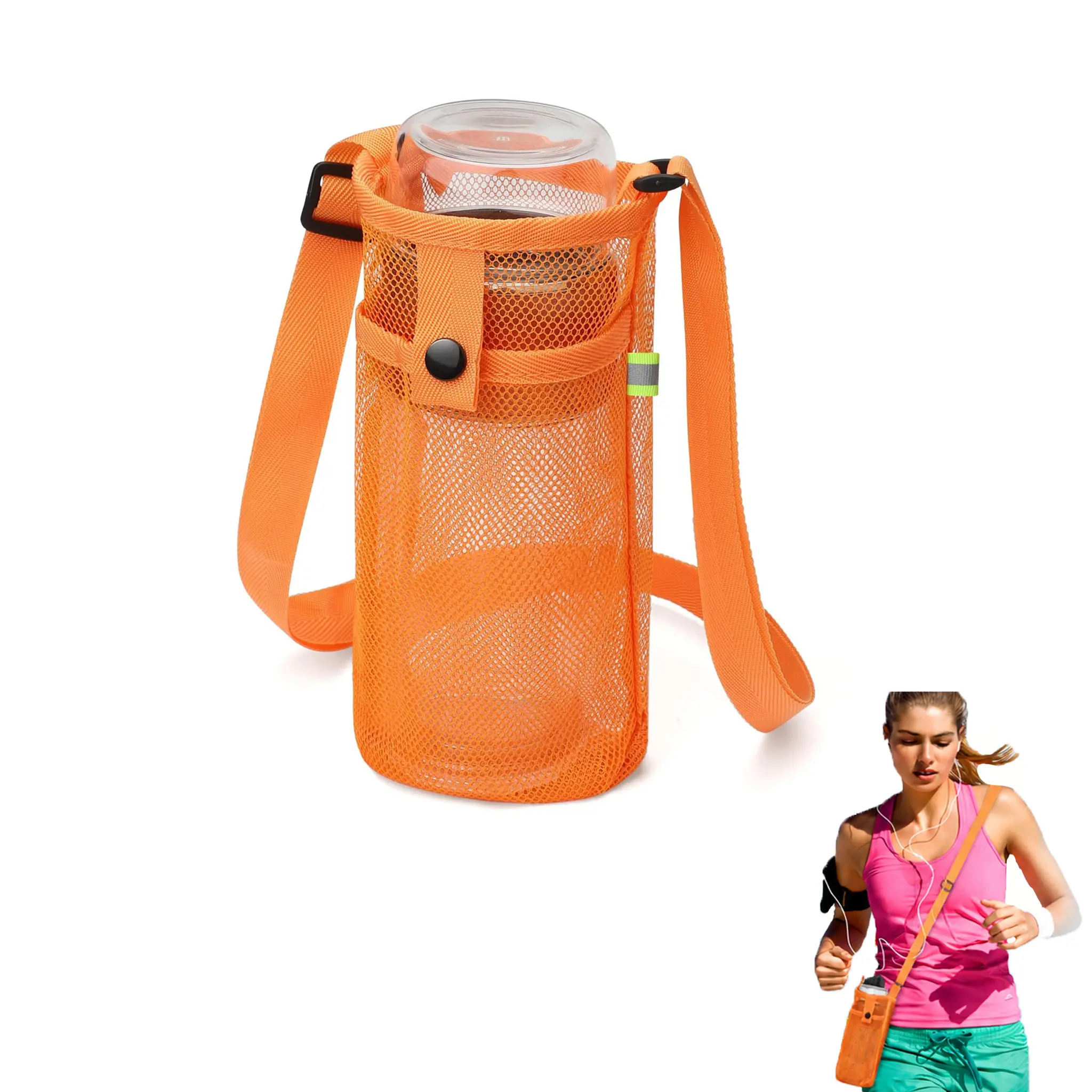 Orange water cup storage bag, water bottle bag with mesh pocket, Water bottle holder, crossbody water bottle strap for carrying on the go, mesh water bottle sling bag, adjustable shoulder strap, suitable for hiking and camping.