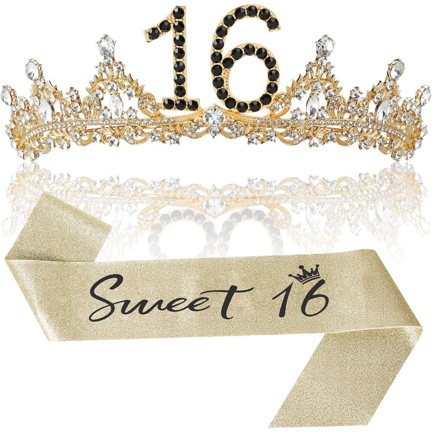 Black Gold 16th Birthday Crown and Sash Set for Girls, Sweet 16 Tiara Headband Party Decorations, 16 Year Old Birthday Gifts and Party Favors for Her(Gift)