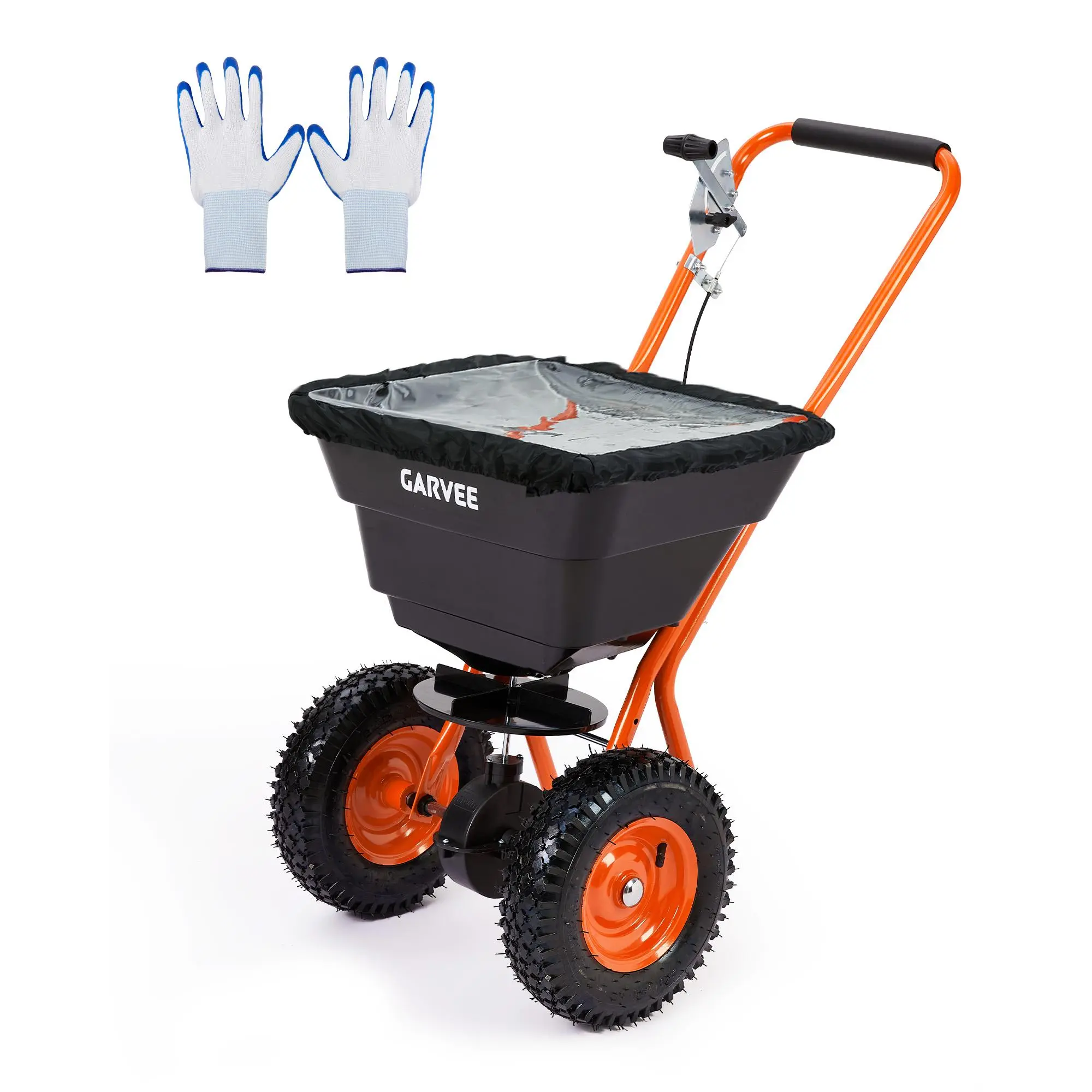 Heavy‑Duty Push Broadcast Spreader for Lawn and Garden, 80‑100LB Large Capacity, 12ft Spread Width, 10 Inch All‑Terrain Pneumatic Wheels, Adjustable for Seed Fertilizer Salt Ice Melt, Durable Steel Frame with Poly Seeder, Rain Cover & Gloves
