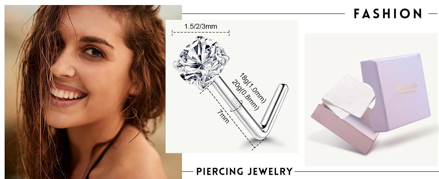 MILACOLATO 925 Sterling Silver Nose Studs, 18G 20G L Shaped Nose Rings,  CZ Hypoallergenic Nose Piercings for Women Men 1.5 2 3MM